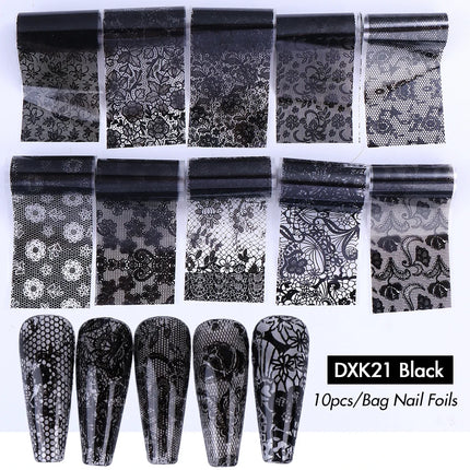 10PCS Mixed Nail Art Foils Transfer Sticker Set Rose Flower Designs Floral Starry Sky Nail Wraps Wedding Summer Manicure Decor