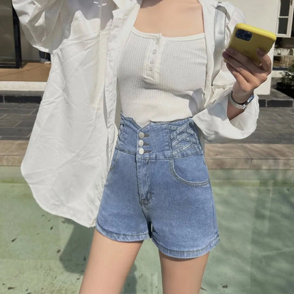 Women's super high waisted denim shorts for summer girls, new black A-line waist cinching slimming design, hot pants PlatiNum