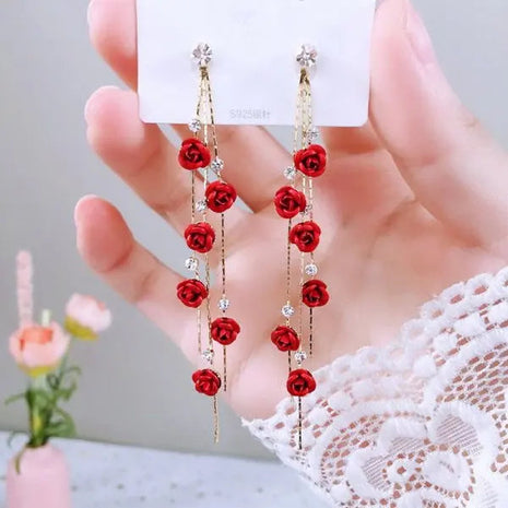 Green Shiny Zircon Flower Drop Earrings For Women Luxury Crystal Long Tassel Ear Line Hanging Earring Girls Wedding Jewelry Gift PlatiNum