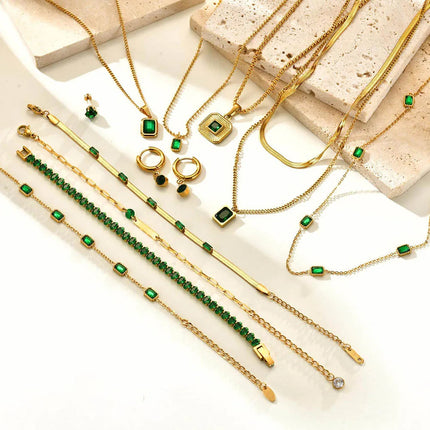 Retro Green Zircon Pendant Necklace For Women, Crystal Stone Chain Stainless Steel Gold Plated Luxury Birthday Gifts PlatiNum