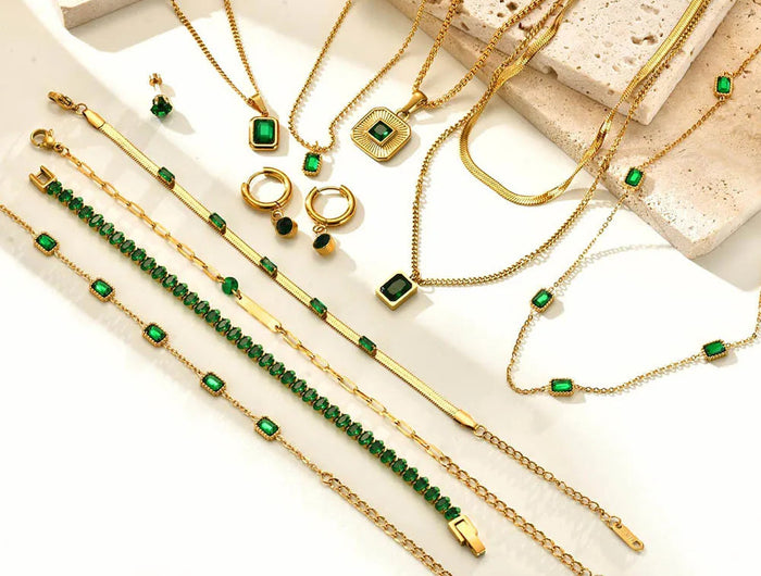 Retro Green Zircon Pendant Necklace For Women, Crystal Stone Chain Stainless Steel Gold Plated Luxury Birthday Gifts PlatiNum