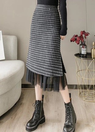 Woolen plaid skirt autumn and winter 2025 new plaid foreign style small man a word hip wrap medium and long skirt PlatiNum