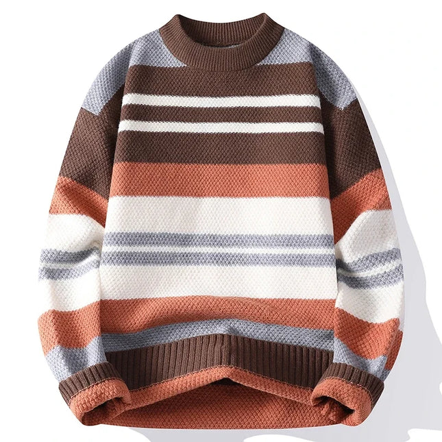 Autumn Winter Warm Casual Pullovers Men Knitted Sweater Fashion Patchwork Striped Loose Hip Hop Knit Streetwear Pull On Sweaters