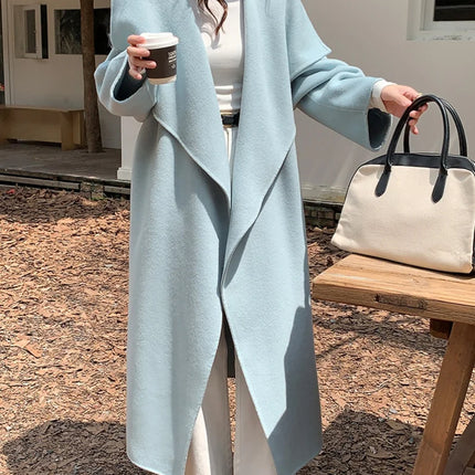 High-end Women Double-sided Wool Long Coat Warm Baby Blue Lapel Loose Double Breasted Wool Coat Female Fashion Autumn Winter