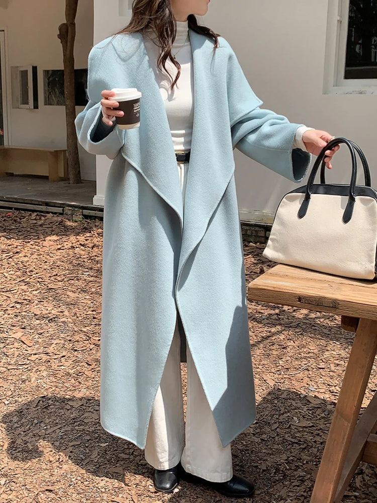 High-end Women Double-sided Wool Long Coat Warm Baby Blue Lapel Loose Double Breasted Wool Coat Female Fashion Autumn Winter