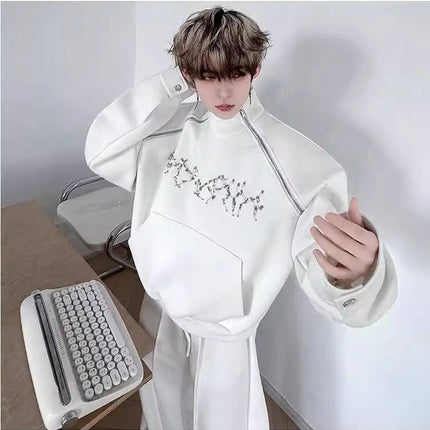 LUZHEN Fashion Street Two-piece Sets Men's Zipper Shoulder Design Long Sleeve Sweatshirt 2025 Autumn Loose Wide Leg Pants JY3912 PlatiNum