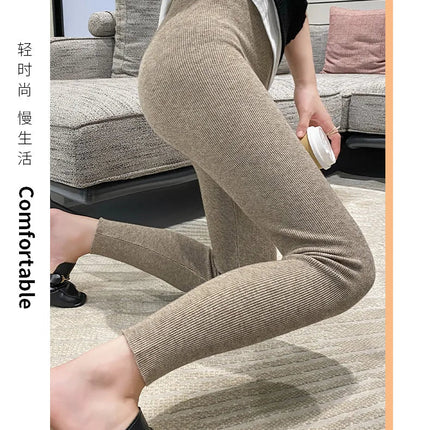 Autumn Winter Women Wool Thickening Leggings High Waist Ribbed Vertical Stripe Casual Knitted Leggings Warm Wear out Pantyhose PlatiNum