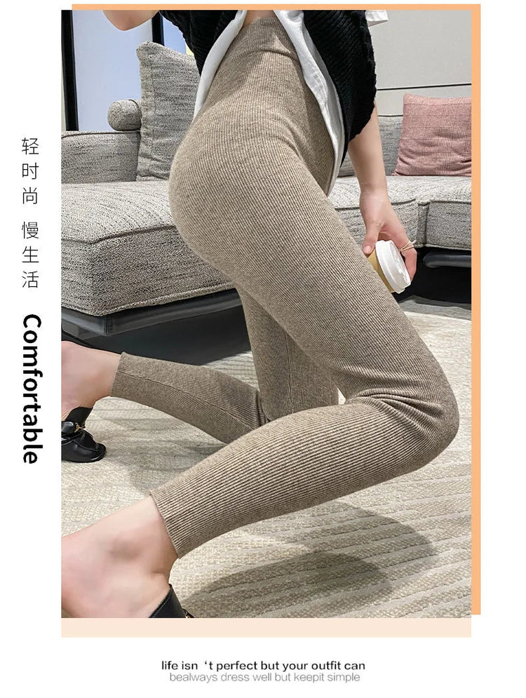 Autumn Winter Women Wool Thickening Leggings High Waist Ribbed Vertical Stripe Casual Knitted Leggings Warm Wear out Pantyhose PlatiNum