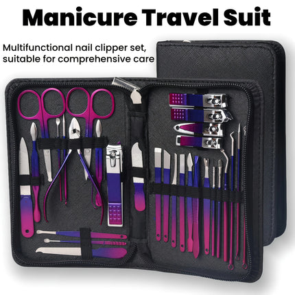 26Pcs Red Blue Gradient Nail Clipper Manicure Set Stainless Steel Nail File Cuticle Trimmer Kit Portable Storage Box Gift Manicure Pedicure Tools