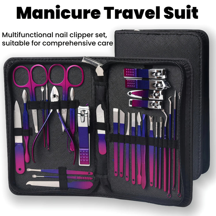 26Pcs Red Blue Gradient Nail Clipper Manicure Set Stainless Steel Nail File Cuticle Trimmer Kit Portable Storage Box Gift Manicure Pedicure Tools