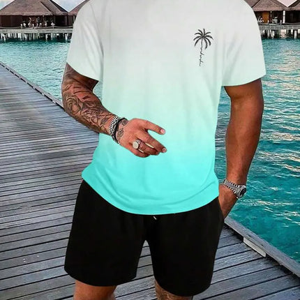 Men's Short Sleeve Gradient Print Shorts Set Fashion Hawaiian Men's Set Casual Summer Men's T-shirt Outdoor Beach Men's Shorts