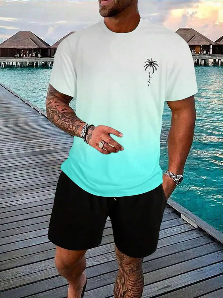 Pantaloncini a maniche corte da uomo con stampa sfumata Set Set di moda da uomo hawaiano T-shirt casual da uomo estiva Pantaloncini da uomo da spiaggia all'aperto