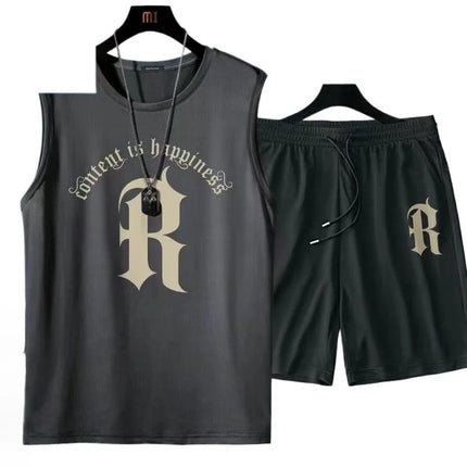 Summer men's clothing Fashion casual basketball suit street sportwear 2 piece breathable short sleeve T-shirt+jogging shorts set PlatiNum