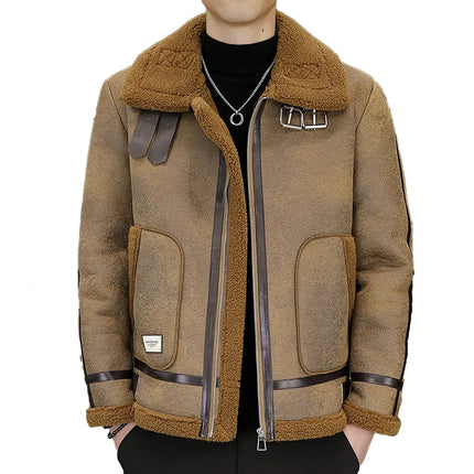 High-quality Faux Fur Leather Jackets Men Splicing Pockets Trend Casual Motorcycle Bike Jacket Winter Thick Warm Coat Streetwear