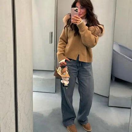 OFTBUY Real Fox Fur Kintwear Women New Spring Autumn Hooded Sweater Female Loose Zipper Kintted Jacket Oversized Cardigan