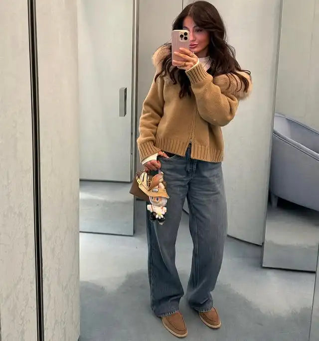 OFTBUY Real Fox Fur Kintwear Women New Spring Autumn Hooded Sweater Female Loose Zipper Kintted Jacket Oversized Cardigan