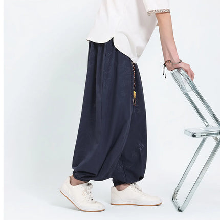 Pantaloni Estivi da Uomo Stile Cinese in Seta Ghiaccio con Motivo Drago Ukiyo-e, Comodi e Trendy, Pantaloni Casual Oversize da Uomo