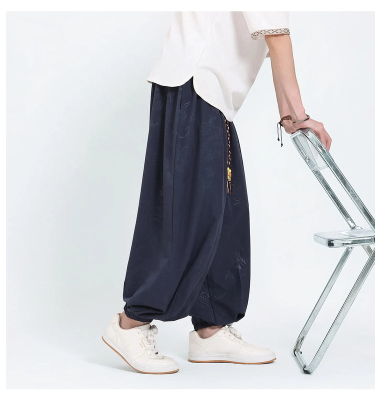 Pantaloni Estivi da Uomo Stile Cinese in Seta Ghiaccio con Motivo Drago Ukiyo-e, Comodi e Trendy, Pantaloni Casual Oversize da Uomo
