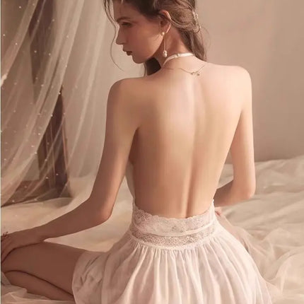 Sexy off-shoulder chiffon lingerie, deep V-neck backless dress, pajamas, uniforms, sheer nightgowns, temperament lingerie.
