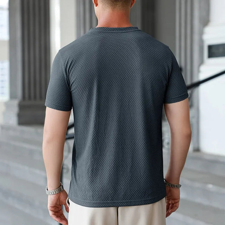 2025 New Men's Casual Short Sleeved Bone Flower Solid Color O-neck T-shirt Fashion Breathable Comfortable Summer Versatile Top PlatiNum