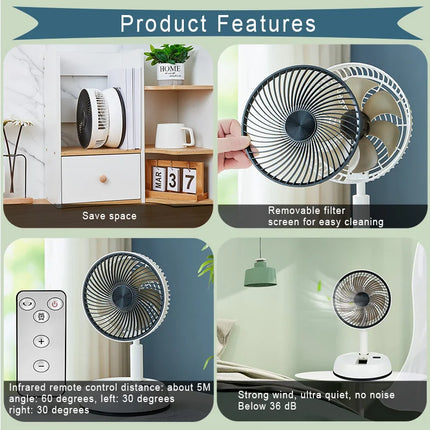 Ventilatore pieghevole portatile 6000mAh Dispositivo di raffreddamento dell'aria con telecomando USB Ventilatore da pavimento wireless ricaricabile silenzioso per la casa all'aperto