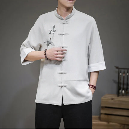 Camicie con ricamo gru Abbigliamento tradizionale cinese vintage Mezza manica da uomo in lino Solido colletto Madarin Cardigan Hanfu Kungfu