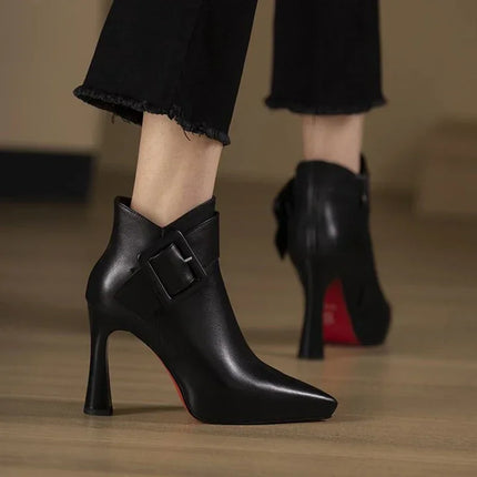 Women's Elegant High Heels Ankle Boots 2025 Spring Belt Buckle Pu Leather Short Boots Woman Plus Size 43 Thin Heeled Party Shoes