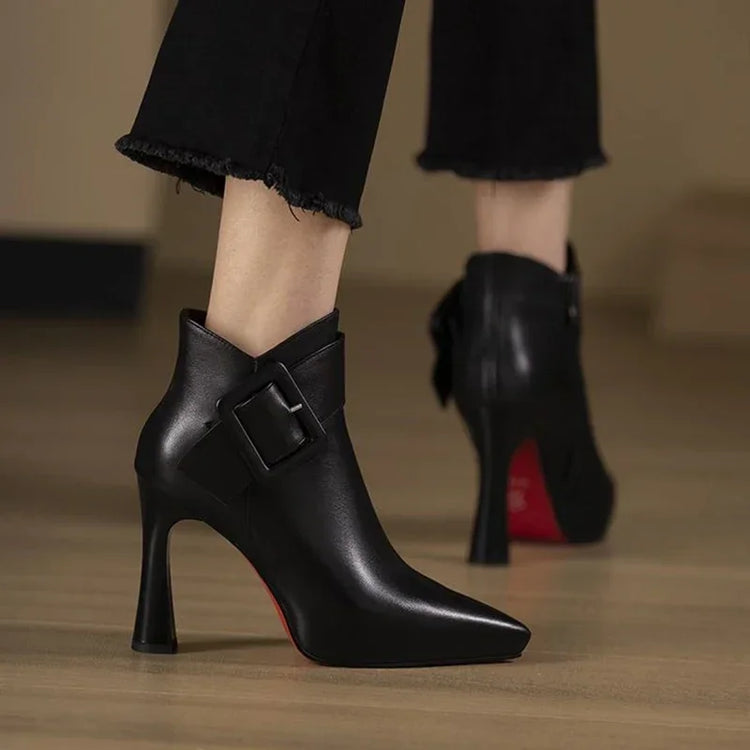 Women's Elegant High Heels Ankle Boots 2025 Spring Belt Buckle Pu Leather Short Boots Woman Plus Size 43 Thin Heeled Party Shoes