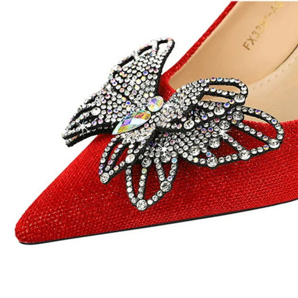 NUOVE Décolleté da donna con strass Tacchi alti a farfalla 10 CM Tacchi a spillo da donna in pelle scamosciata Scarpe da banchetto di lusso Scarpe da sposa di moda