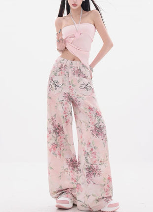 Nuovi jeans ricamati rosa stile cinese da donna Pantaloni estivi casual a gamba larga lunghi fino al pavimento con design stampato