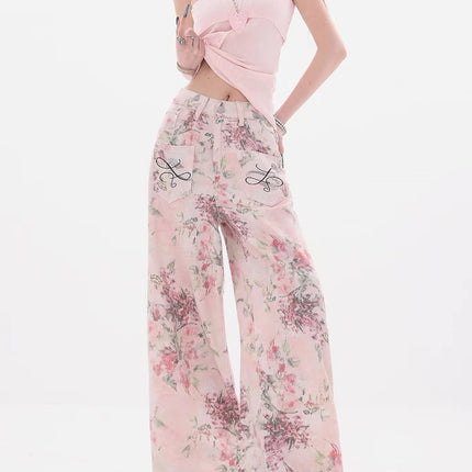 Nuovi jeans ricamati rosa stile cinese da donna Pantaloni estivi casual a gamba larga lunghi fino al pavimento con design stampato