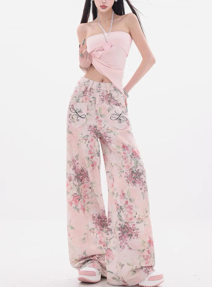 Nuovi jeans ricamati rosa stile cinese da donna Pantaloni estivi casual a gamba larga lunghi fino al pavimento con design stampato