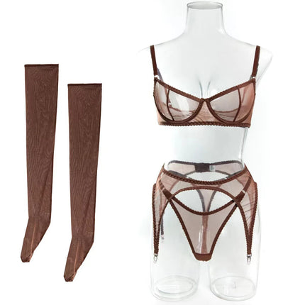 Krasapt Sexy Mesh See Through Lingerie 4 Piece Sets Woman Sheer Push Up Bras And Panties Garter Suits Erotic Intimate Outfits
