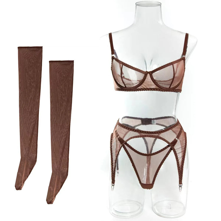Krasapt Sexy Mesh See Through Lingerie 4 Piece Sets Woman Sheer Push Up Bras And Panties Garter Suits Erotic Intimate Outfits