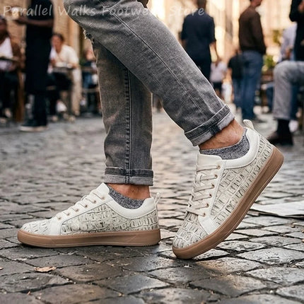 Mens Embossed Texture Casual Sneakers Lace Up Breathable Gum Sole Flat Walking Skateboard Shoes Luxury Design Footwear for Men