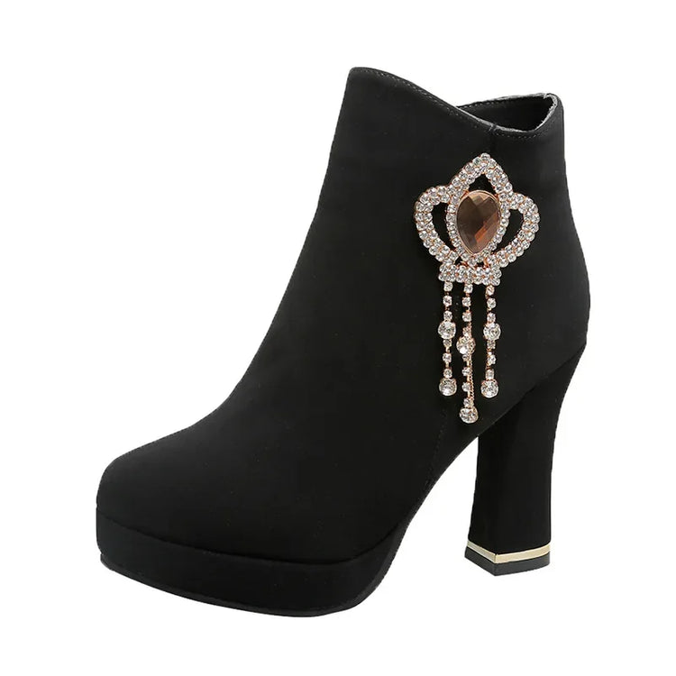 Fashionable Women's Red Wedding Shoes Autumn/winter Fleece-lined Thick Heel Short Boots Cotton Round Head Warm High Heels