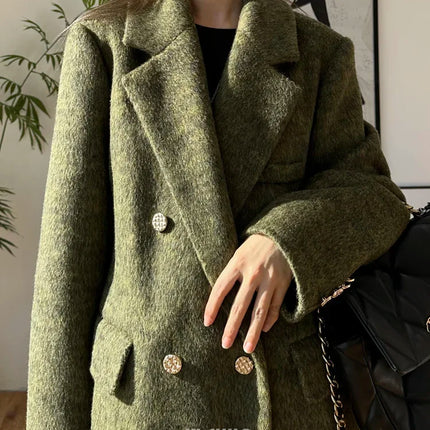 High-end Thick Double-sided Wool Coat Female Fashion Long  Autumn Winter Lapel Double Breasted Wool Coat Women Loose Outerwear