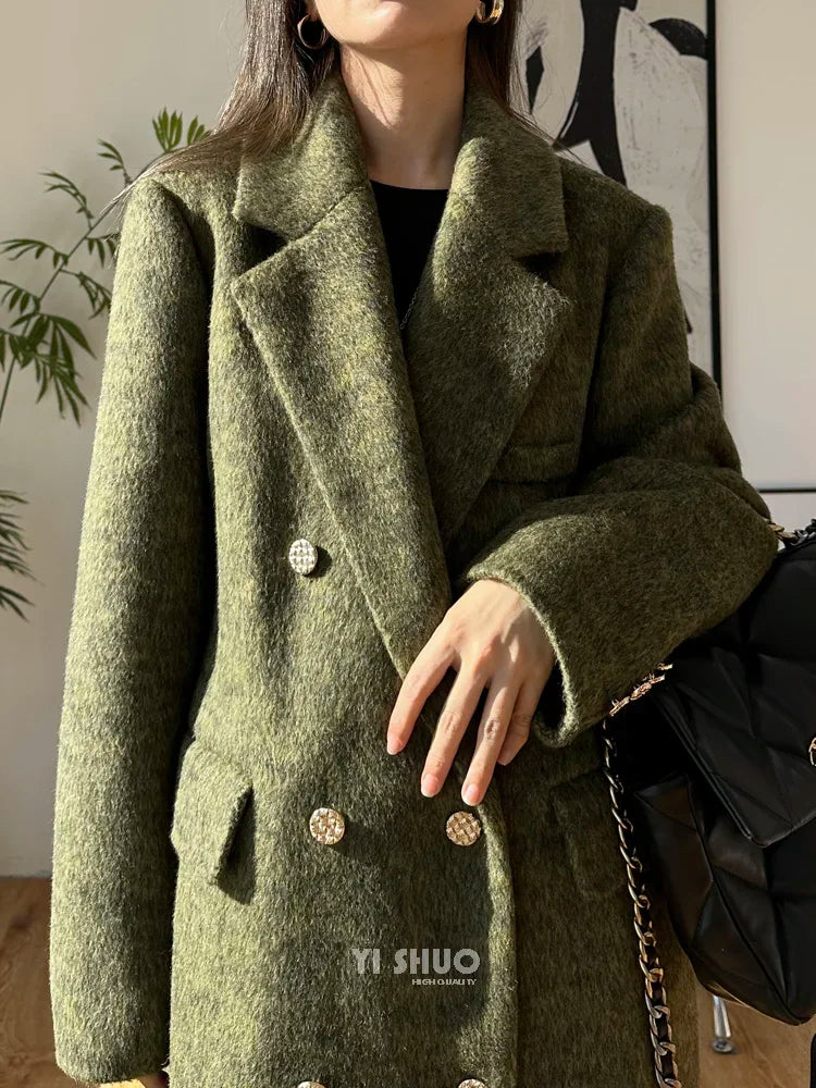 High-end Thick Double-sided Wool Coat Female Fashion Long  Autumn Winter Lapel Double Breasted Wool Coat Women Loose Outerwear