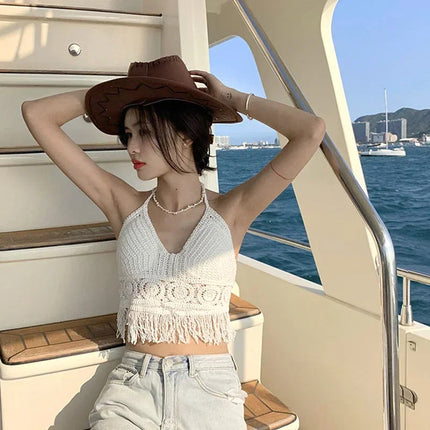 Sexy Boho Beach Holiday Canotta Halter Donna Crochet Maglia Costume da bagno Reggiseno Backless Vest Hollow Nappa Canotta Crop Top da donna platinumshop