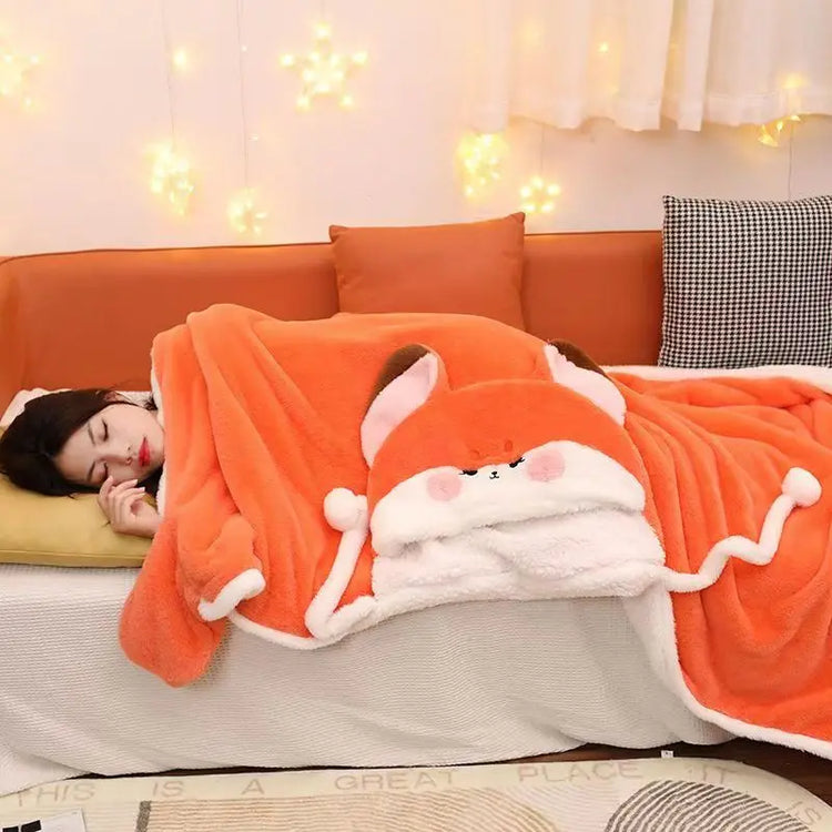 Winter Cartoon Fox Thick Wearable Blanket Nap Cloak Nightgown Office Blanket Adult Cloak