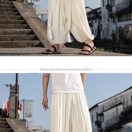 Pantaloni Stile Cinese da Uomo, Etnici in Lino a Gamba Larga, Design con Cavallo Morbido, Pantaloni da Ballo, Casual, Hanfu, Stile Lanterna, 8XL