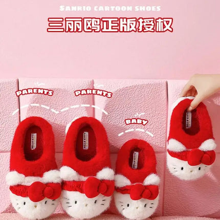 Women Cute Hello Kitty Thick Platform Plush Slippers Warm Fuzzy Non-Slip Bowknots Winter Indoor Bedroom Cozy Fluffy House Slides