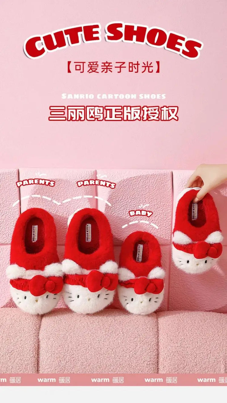 Women Cute Hello Kitty Thick Platform Plush Slippers Warm Fuzzy Non-Slip Bowknots Winter Indoor Bedroom Cozy Fluffy House Slides