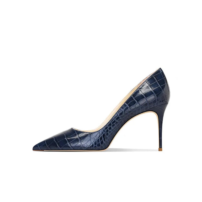 2025 New Blue Crocodile Leather High Heels Women Pointed Toe Stiletto Elegant Office Shoes