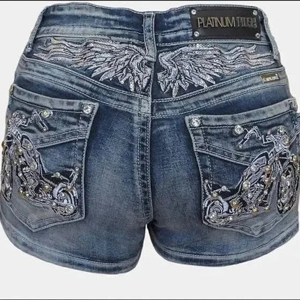 Women Rider Motorcycle Wing Rivet Embroidery Shorts Y2k Vintage Gothic Hot Girl Sexy Washed Denim Shorts Low Waist Mini Skirts PlatiNum