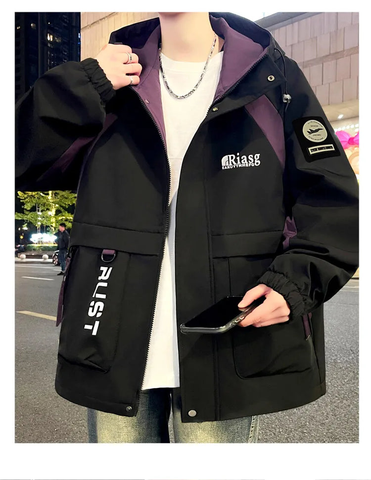 Men's Hooded Casual Jackets 2026 Spring Autumn Streetwear Windbreaker Loose Cargo Outdoor Coats Youth Daily Wear Tops Clothing