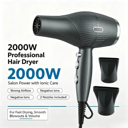 WETECH Professional 2000W Negative Ionic Hair Dryer AC Motor Salon Hairdryer Adjustable Temperature Fast Drying Blow Dryer with Styling Nozzles