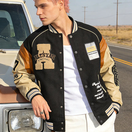 Men's Casual Varsity Jacket Motorcycle Bomber Coat Vintage Letterman Baseball Streetwear Outerwear with Faux Leather Sleeves