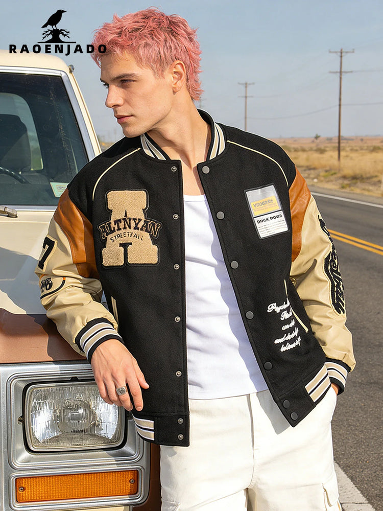 Men's Casual Varsity Jacket Motorcycle Bomber Coat Vintage Letterman Baseball Streetwear Outerwear with Faux Leather Sleeves