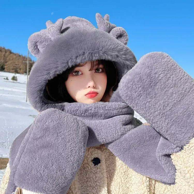 New Fashion Scarf Hat Glove Women Cute Big Ear Bunny Beanie Winter Warm Soft Thickening Pocket Warm Ear Hats Hooded Skullie Caps